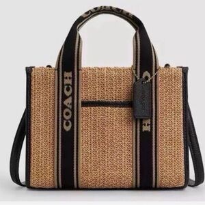 COACH Tan Raffia Tote with Black Logo Straps